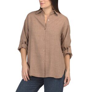 MAX STUDIO LONDON Heather Mushroom Roll Tab Button Front Shirt